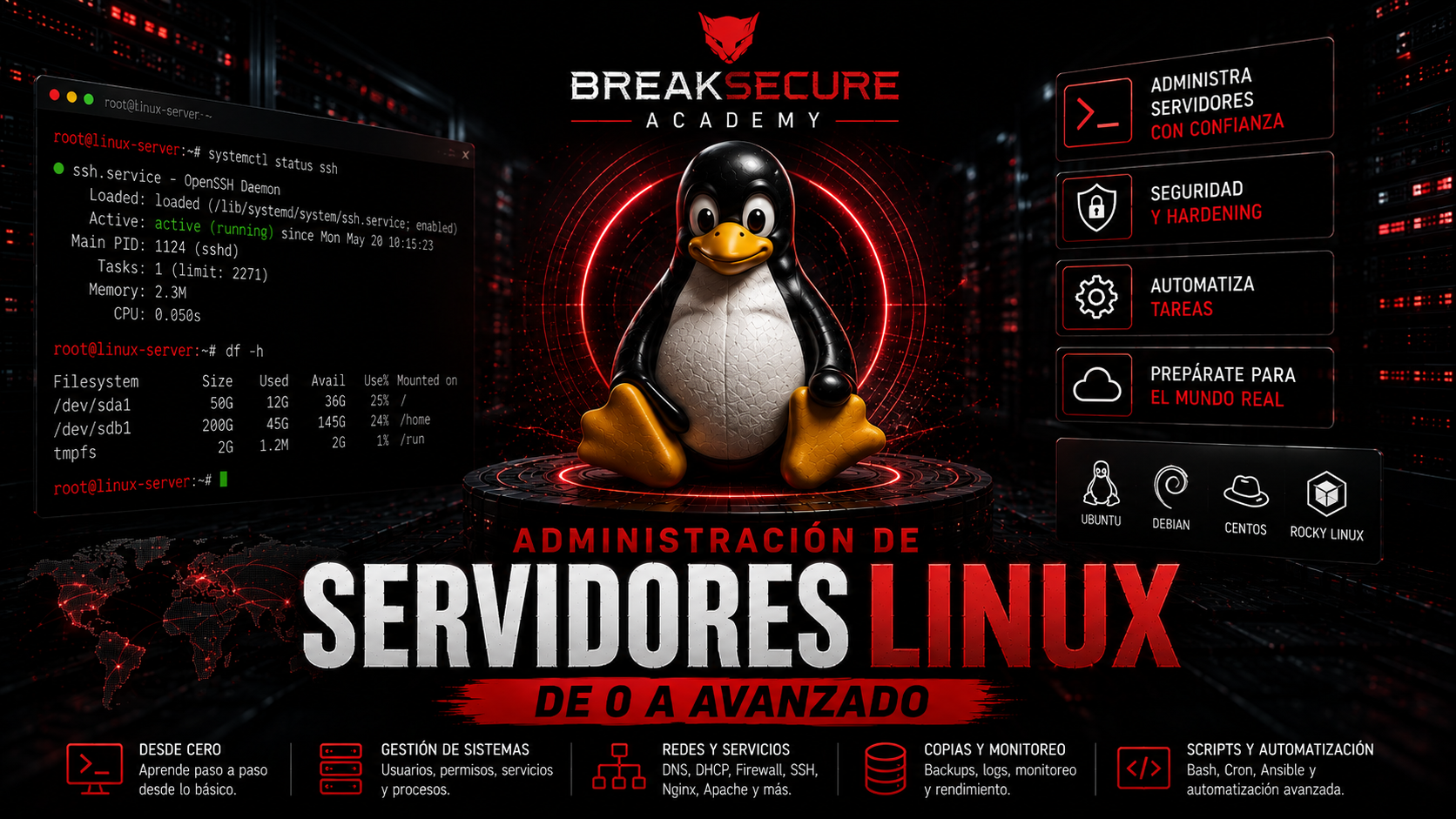 Portada de Administración de Servidores Linux de 0 a Avanzado